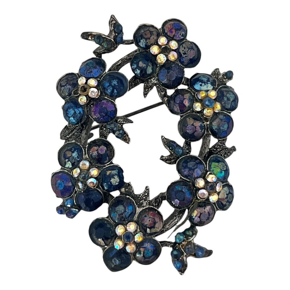 Vintage 1950s Whiting & Davis Floral Wreath Brooch Iridescent Glass - 6R